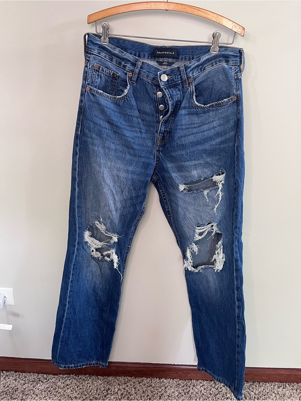 Aeropostale 90s Baggy Distressed High Waisted Button Fly Jeans Blue 10 Reg‎